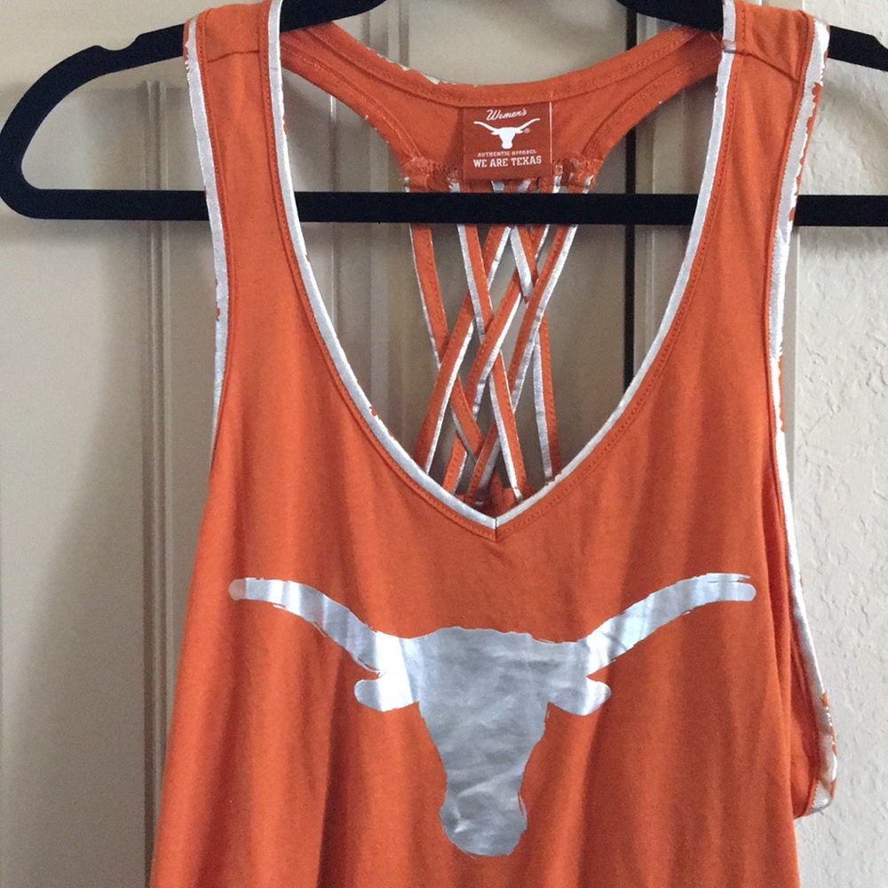 Women’s Orange Sleeveless Tank with Silver Longhorn Logo - Picture 2 of 5